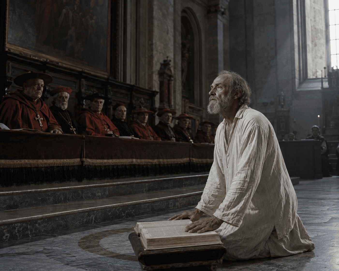 Galileo abjura de rodillas ante los cardenales del Santo Oficio.