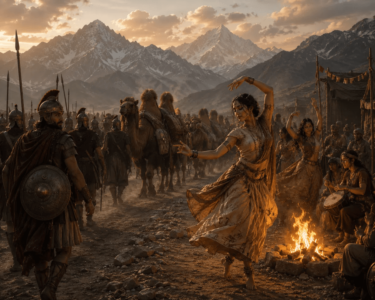 Una bailarina danza junto a la fogata y la caravana de camellos al atardecer
