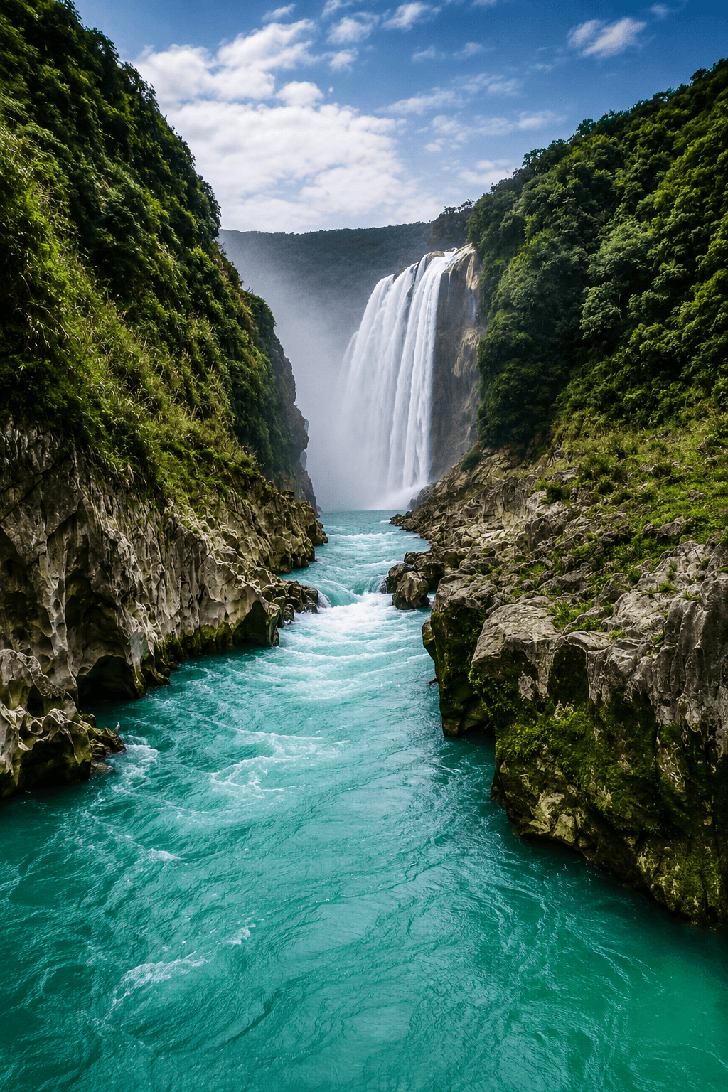 Cascada de Tamul entre paredes de roca verde y aguas turquesa de la Huasteca