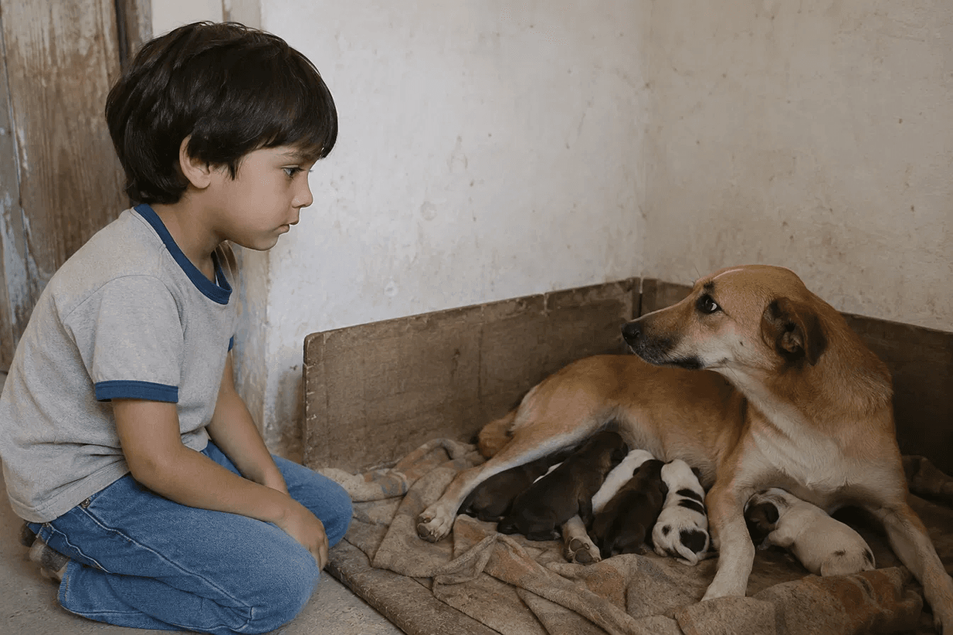 Un niño observa a una perra con su camada de cachorros recién nacidos