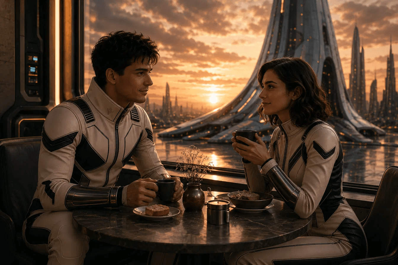 Los dos viajeros comparten un café frente a una ciudad futurista al atardecer