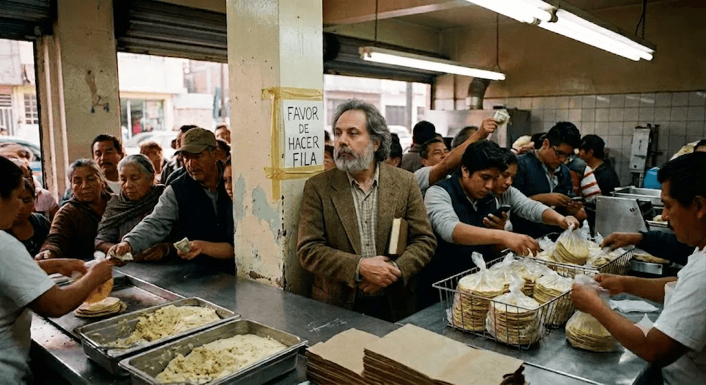 Fila en una tortillería con un letrero que pide hacer fila