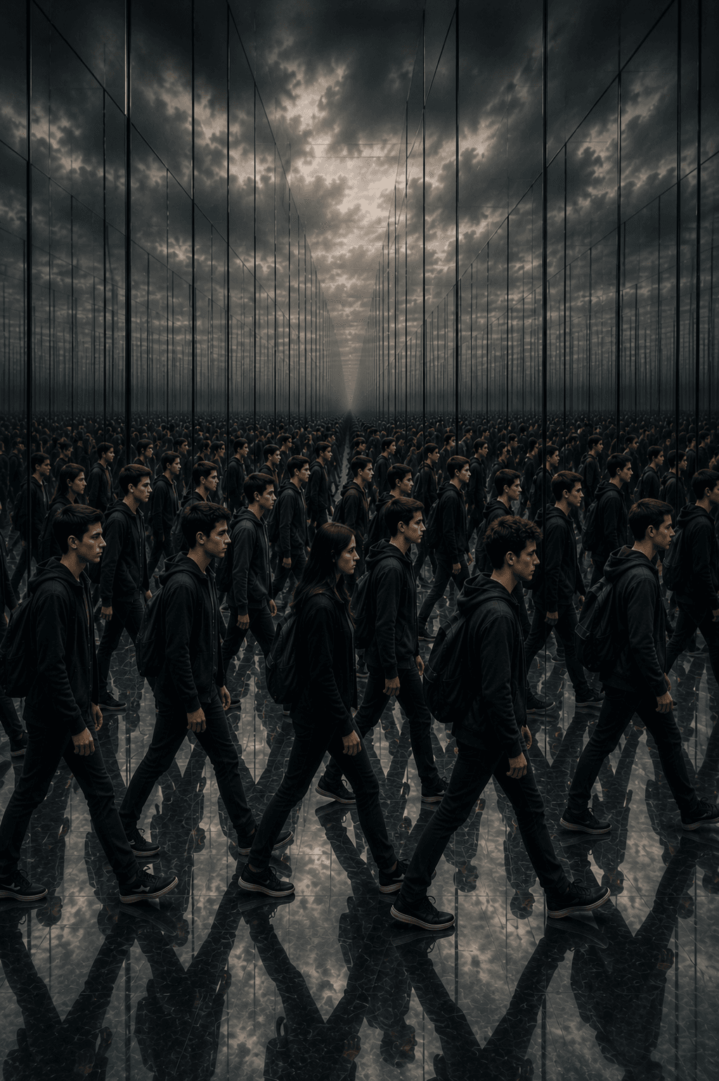 Multitud caminando en un pasillo de espejos infinitos, todos en la misma dirección