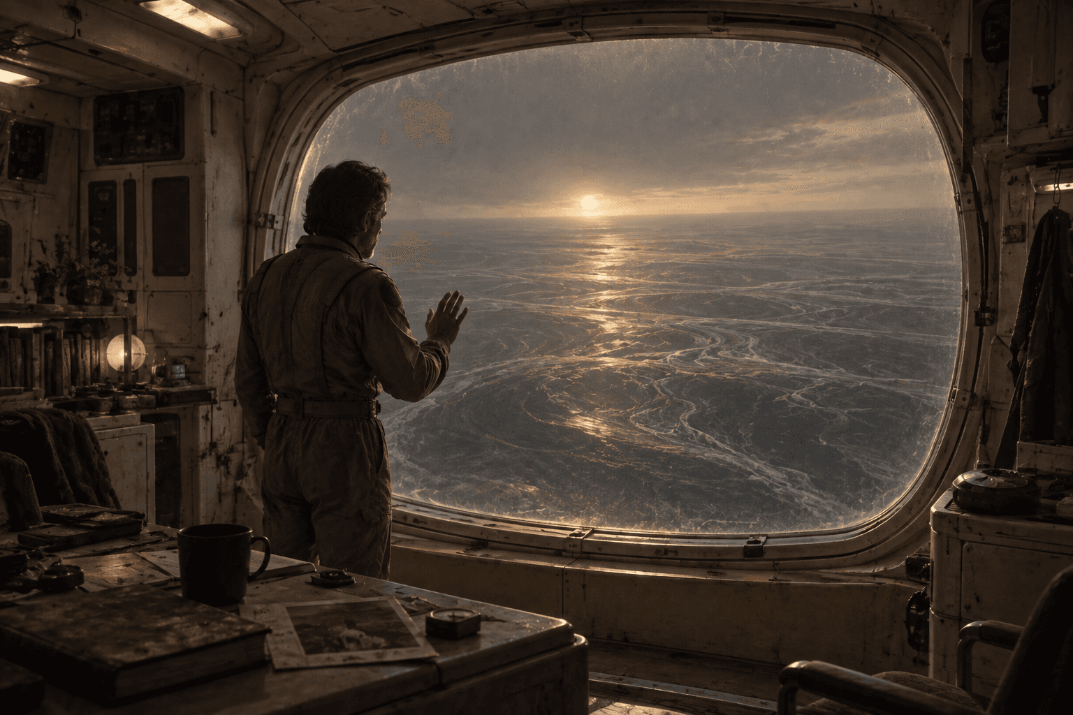 Una figura contempla, desde una cabina, un vasto delta de ríos iluminado por el atardecer.