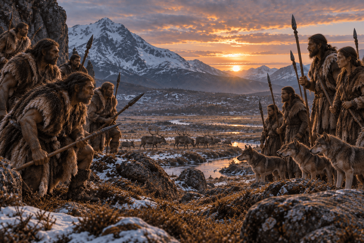 Cazadores prehistóricos con lanzas, junto a lobos y una manada de venados, ante montañas nevadas al atardecer.
