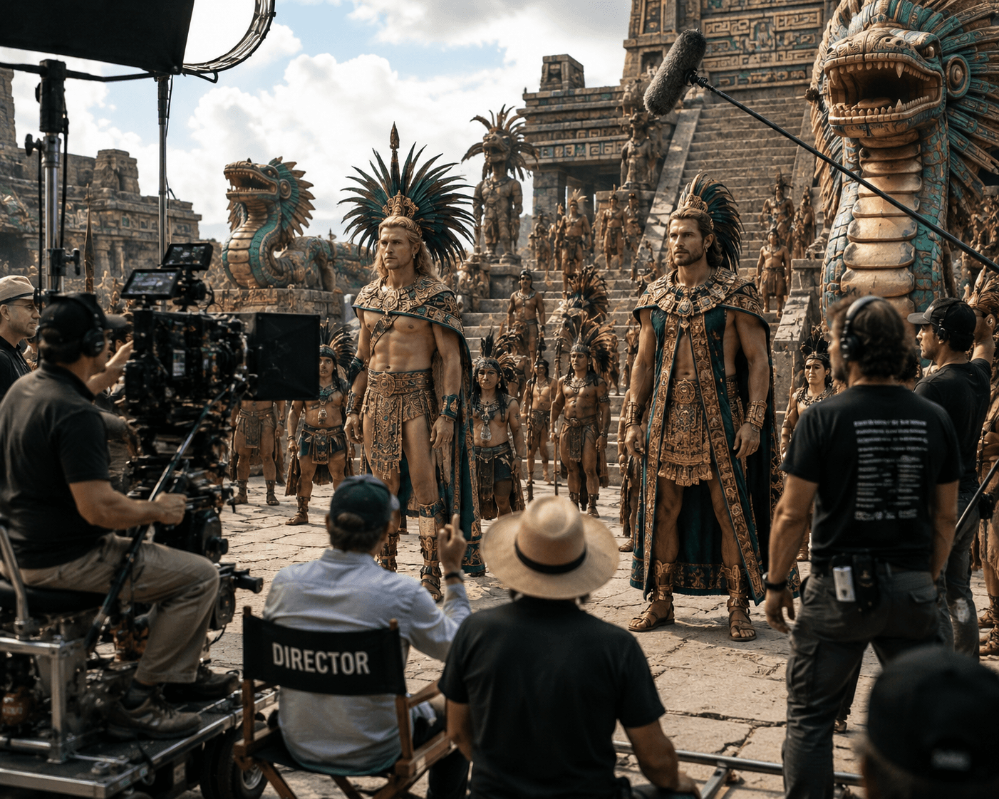 Rodaje hipotético de Quetzalcóatl y Kukulcán con actores de ascendencia europea. La misma estructura que el caso real, con la dirección invertida — la extrañeza que provoca es, en sí misma, el dato.