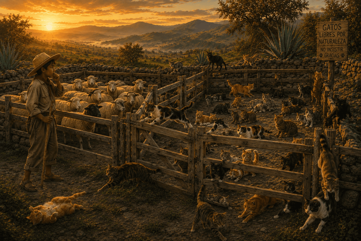 Un pastor niño observa dos corrales al atardecer: uno de borregos ordenados y otro de gatos libres bajo un letrero que dice 'Gatos libres por naturaleza'