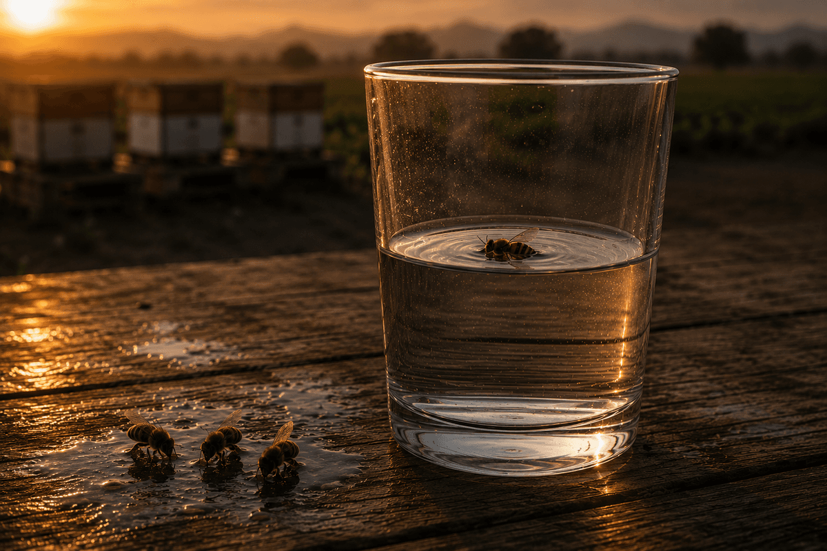 Un vaso de agua bebido hasta la mitad con una abeja flotando, junto a tres abejas bebiendo de un charco al atardecer