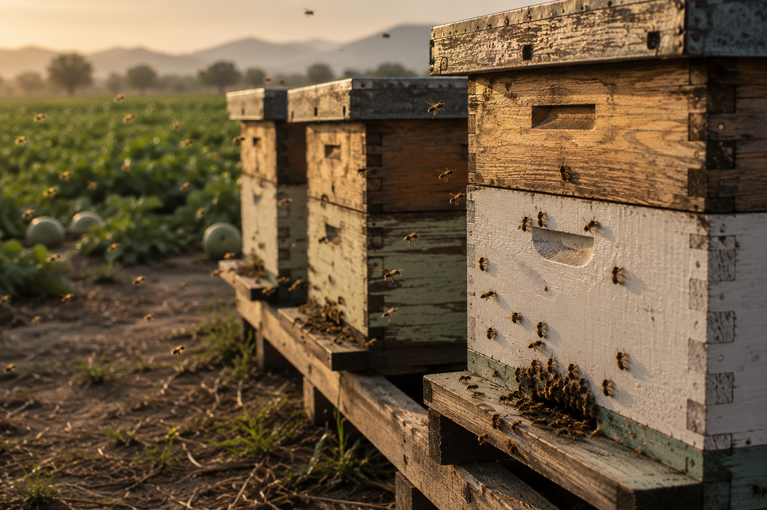 Colmenas al atardecer junto a un campo de melones, con abejas entrando y saliendo